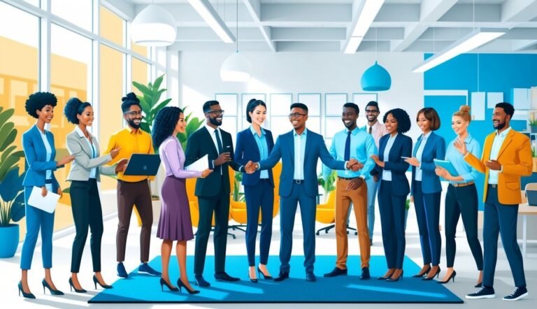 Diverse group of business professionals standing together in a modern office setting