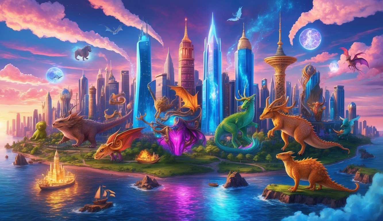 A vibrant city skyline with fantastical creatures and magical elements integrated into everyday life