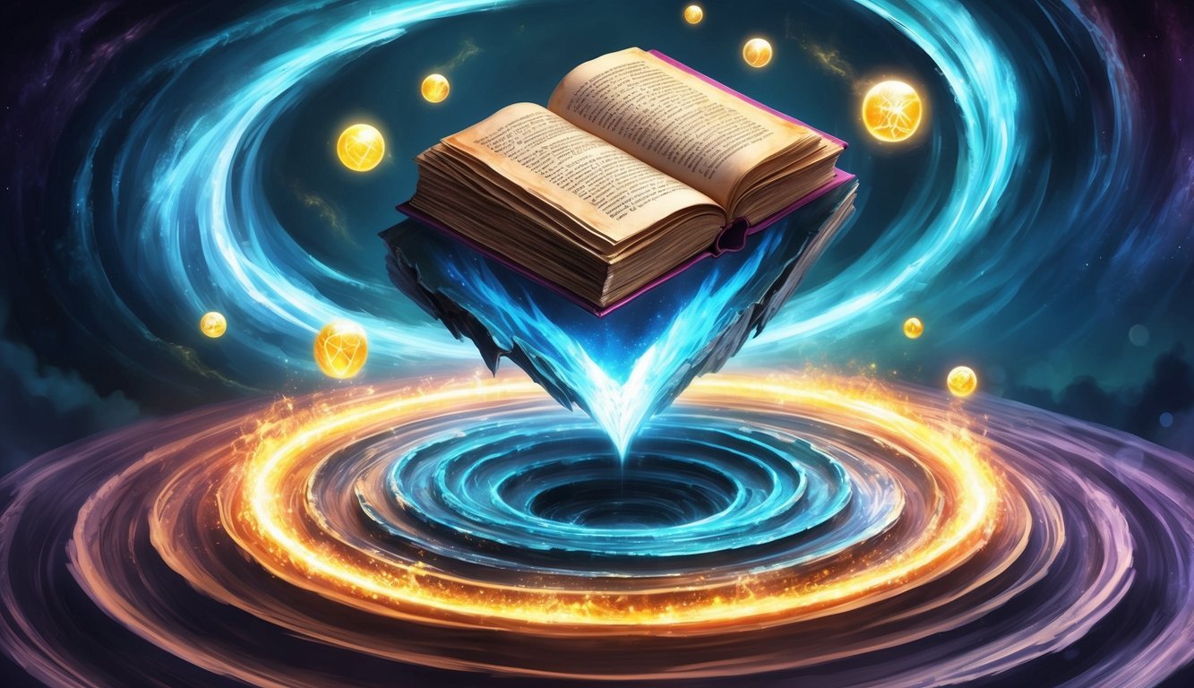 A magical book floating above a swirling vortex, surrounded by glowing orbs and mystical symbols