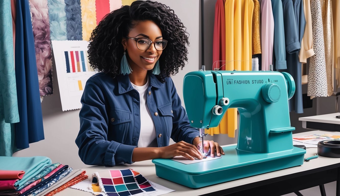 Smiling Black woman sewing with a teal machine in a fashion studio