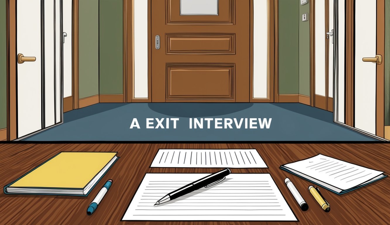 A table set with a pen and paper, a chair pulled out, and a door ajar, suggesting an exit interview