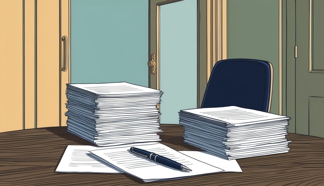 A table with a stack of papers, a pen, and a chair.</p><p>An open door in the background