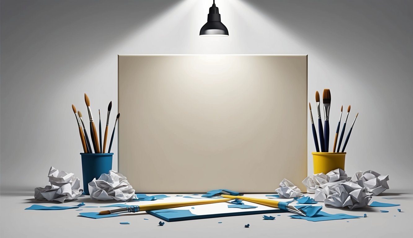 An empty canvas surrounded by scattered paintbrushes and crumpled paper, with a single spotlight shining down, ready for a late-starting artist to make their mark