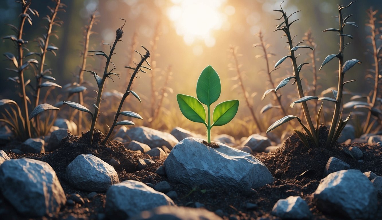 A lone seedling pushing through rocky soil toward the sunlight, surrounded by withered plants