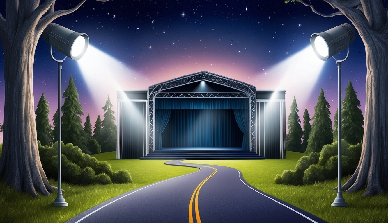 A spotlight shines on a winding road leading to a grand stage, surrounded by towering trees and a starry sky