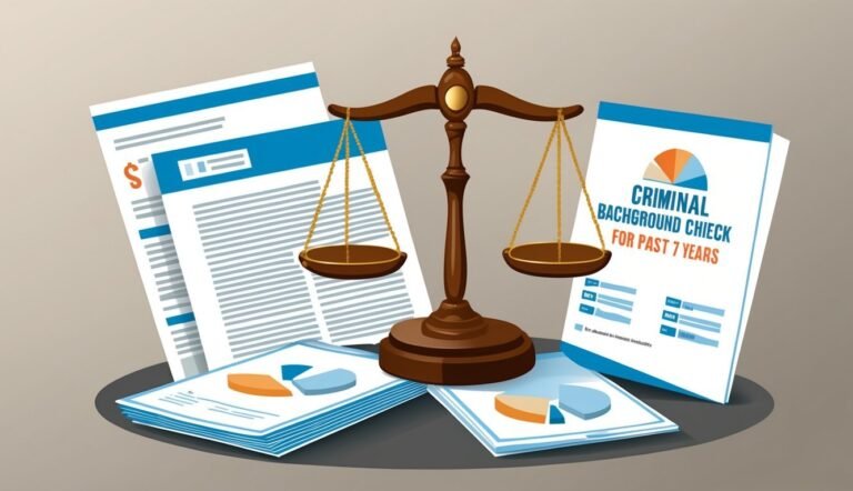 Scales of justice with criminal background check documents and charts