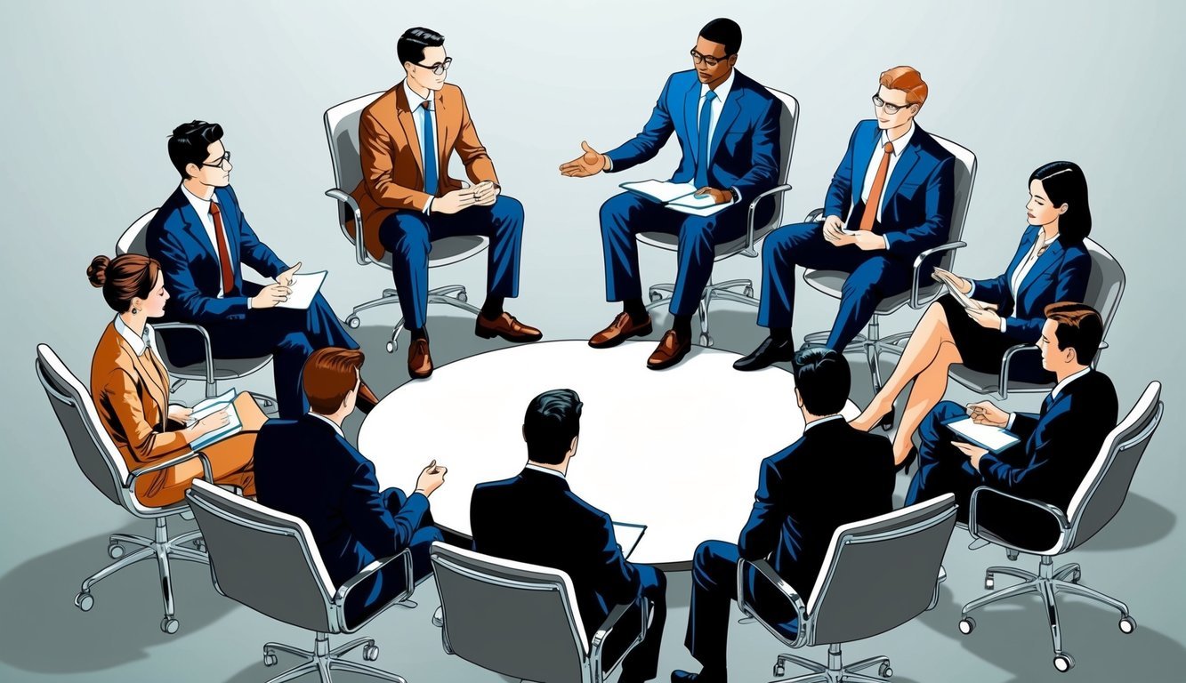 A group of professionals sit in a circle, discussing career growth and support for departing employees