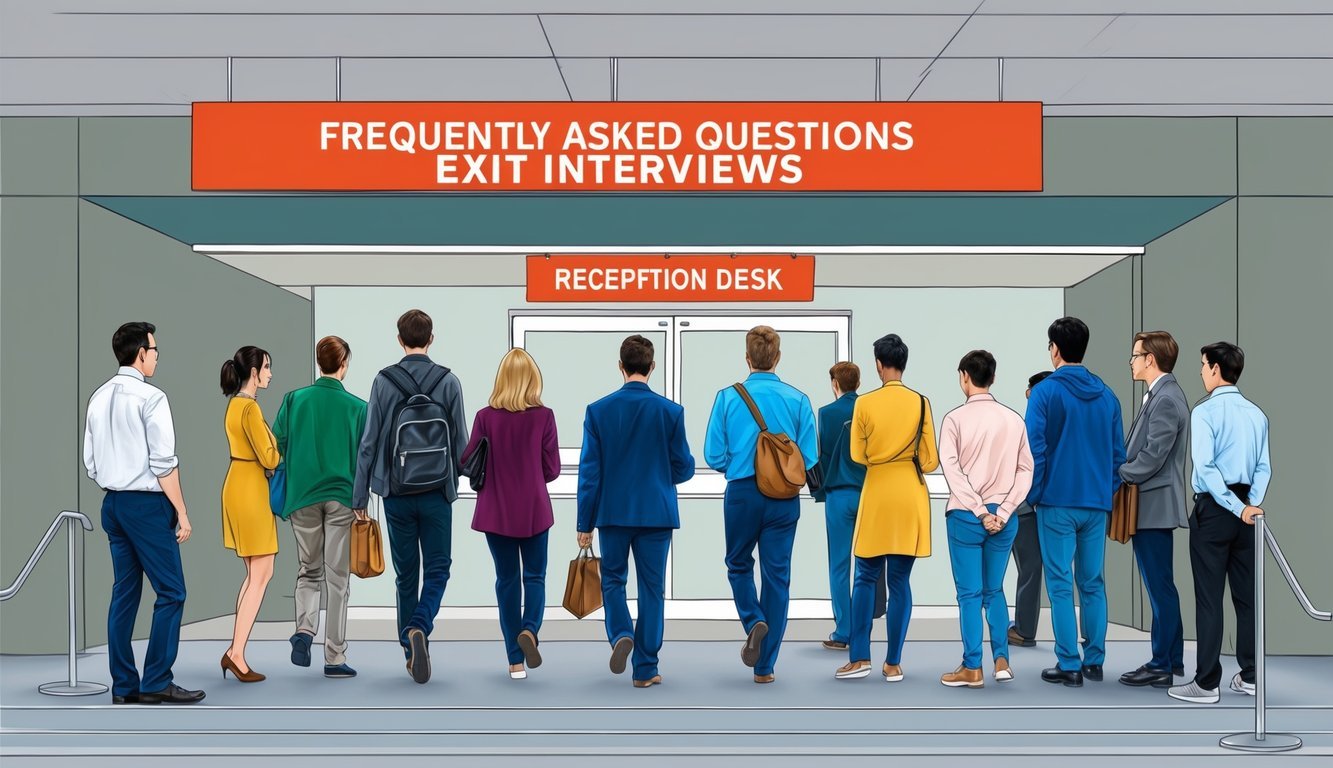 A line of people waiting to exit a building, with a sign reading "Frequently Asked Questions Exit interviews" above a reception desk