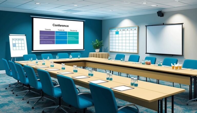 Conference room with U-shaped table, chairs, and presentation screens