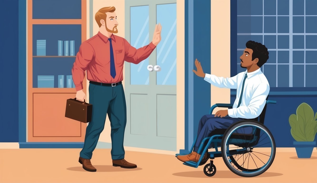 Two men high-fiving, one in a wheelchair, in front of a building