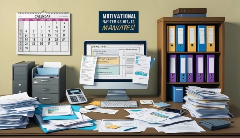 Cluttered office desk with computer, calendar, files, and motivational sign