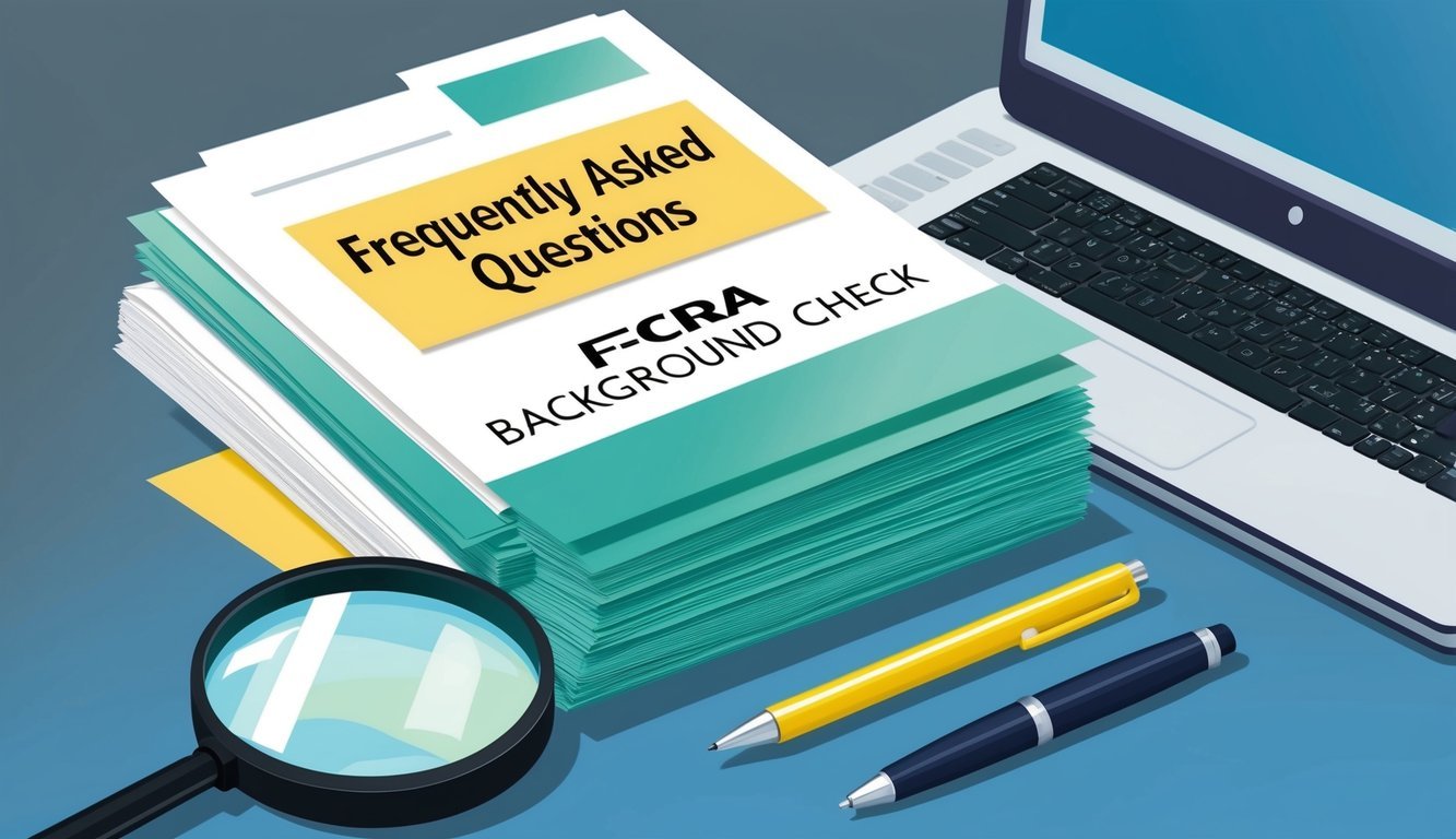 A stack of papers labeled "Frequently Asked Questions FCRA Background Check" surrounded by a magnifying glass, a pen, and a computer