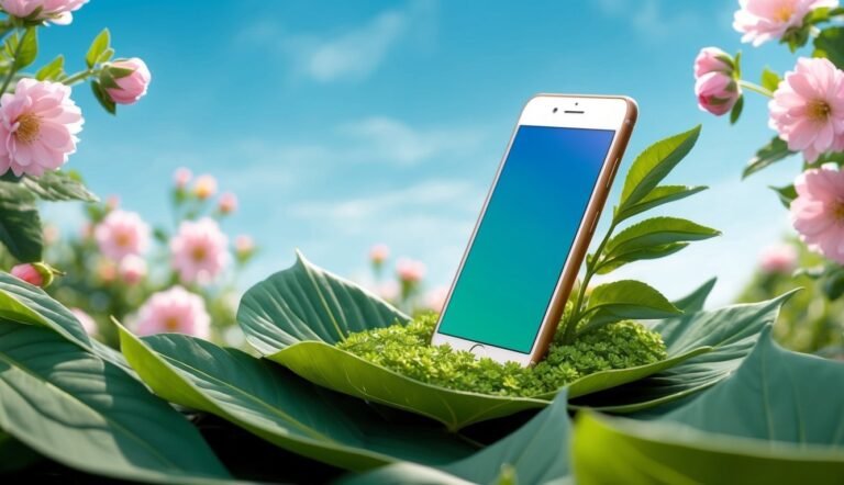 Smartphone resting on leaves, surrounded by pink flowers and a blue sky