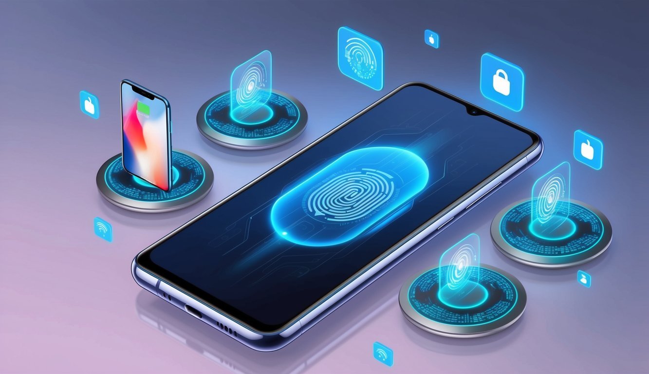 A sleek, futuristic mobile phone with holographic display and advanced biometric security, surrounded by floating digital icons and wireless charging pads