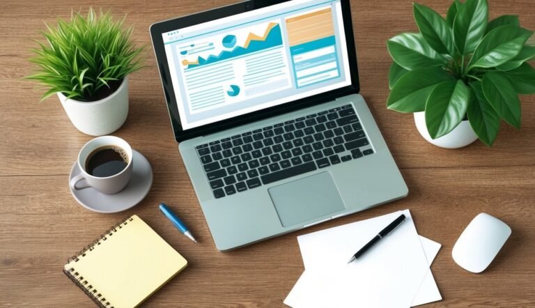 Laptop with data charts, coffee, plants, and office supplies on wood desk