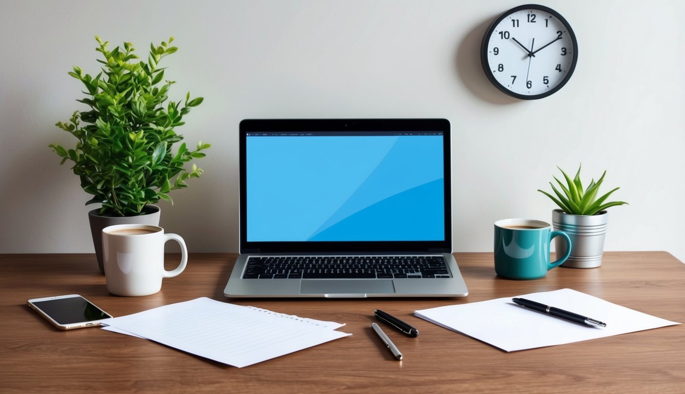 A desk with a laptop, pen, and paper.</p><p>A mug of coffee, a potted plant, and a clock on the wall