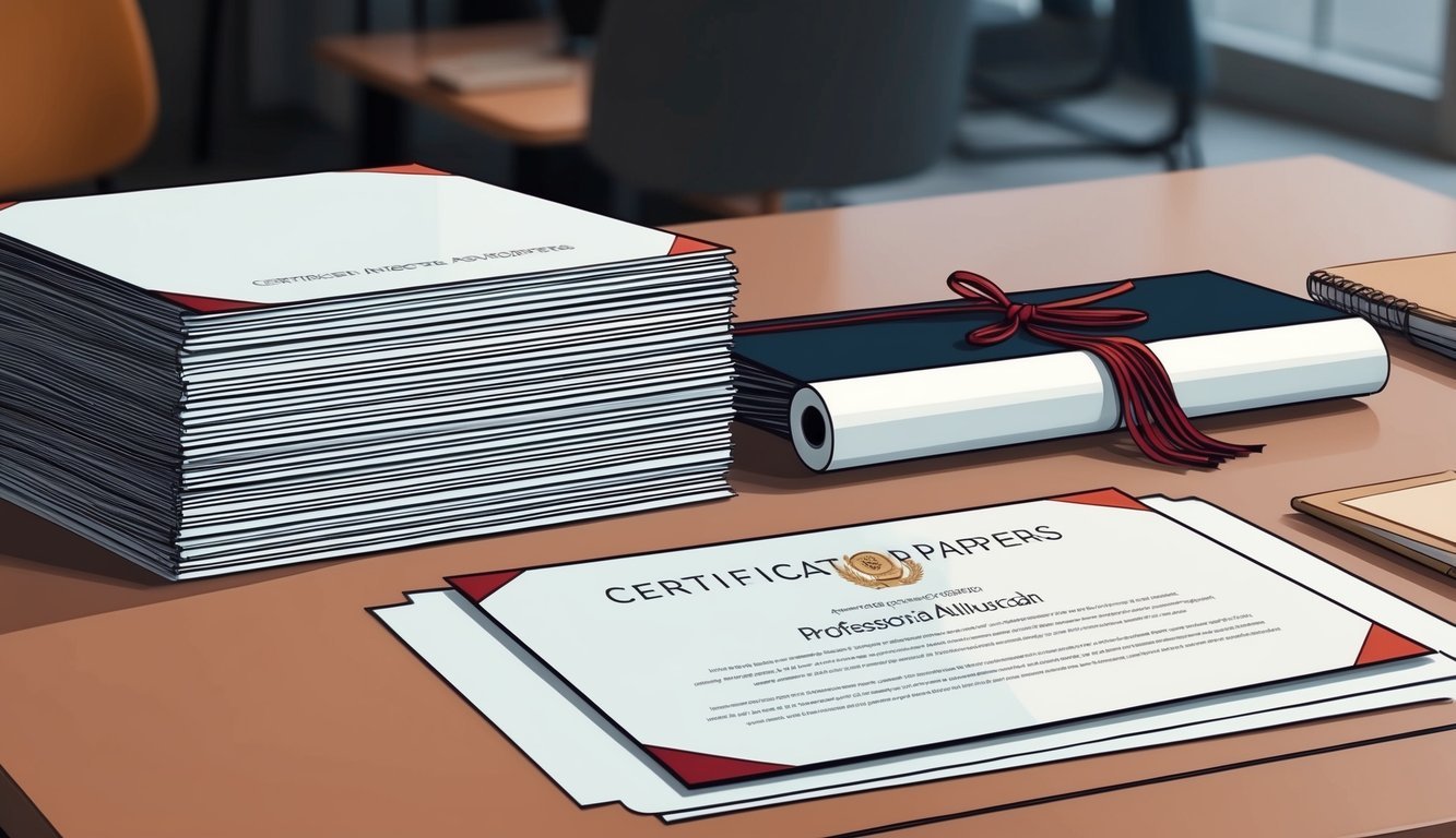 A diploma and a stack of certification papers on a desk