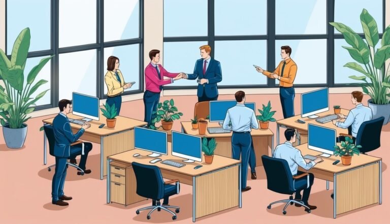 Office scene with people working at desks, some shaking hands