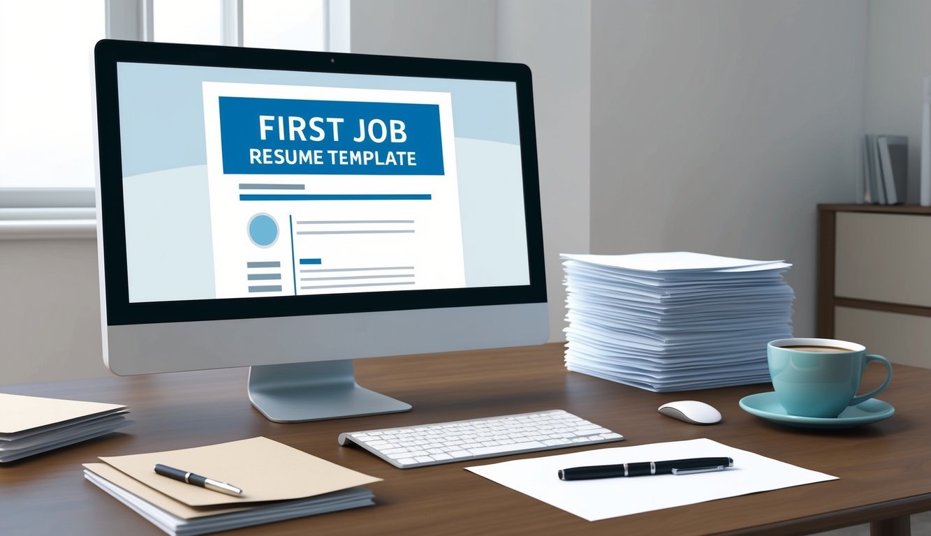 A desk with a computer, a stack of papers, a pen, and a cup of coffee.</p><p>A "First Job Resume Template" is displayed on the computer screen