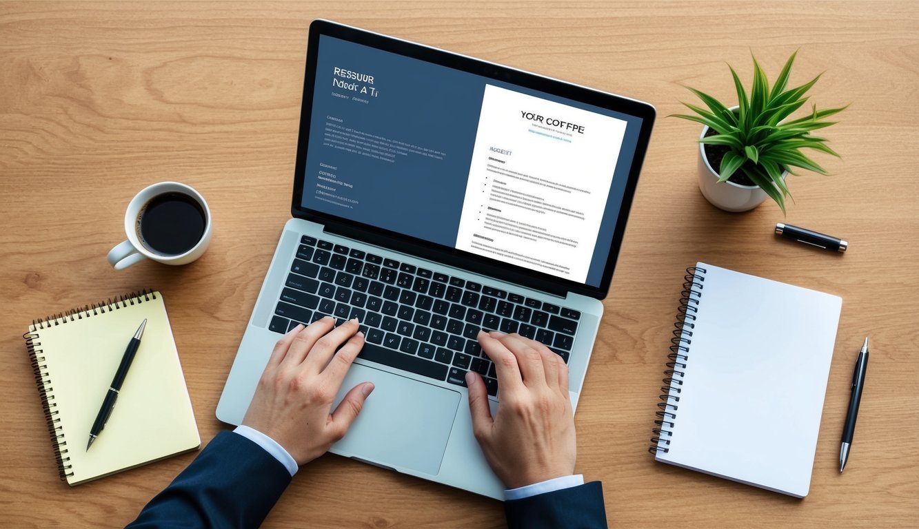 A desk with a laptop open to a resume template, surrounded by a cup of coffee, pen, and notepad