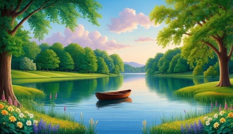 Scenic landscape with a lake, boat, trees, flowers, and a cloudy sky