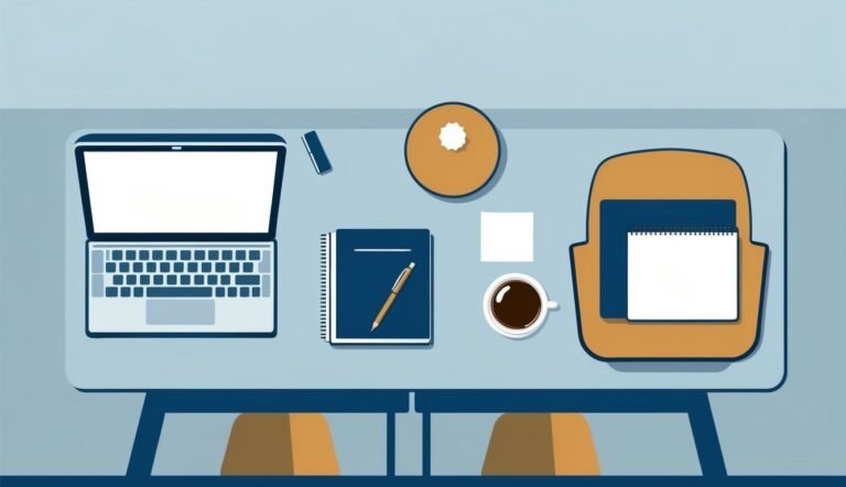 Overhead view of a desk with laptop, coffee, notebook, and a calendar