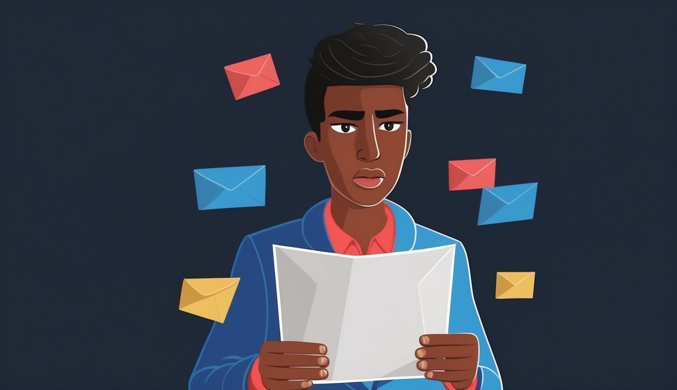 Illustration of a man holding paper, surrounded by floating envelopes