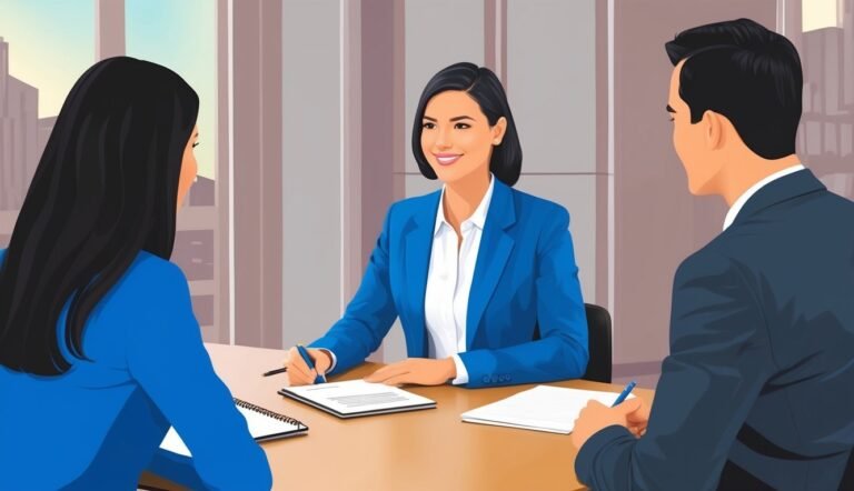 Three people in business attire at a table, signing documents