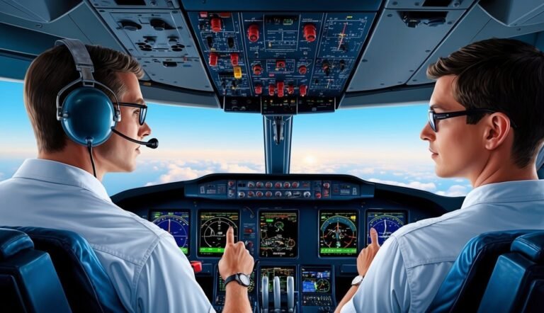 Two pilots in a cockpit, flying above the clouds, pointing at controls