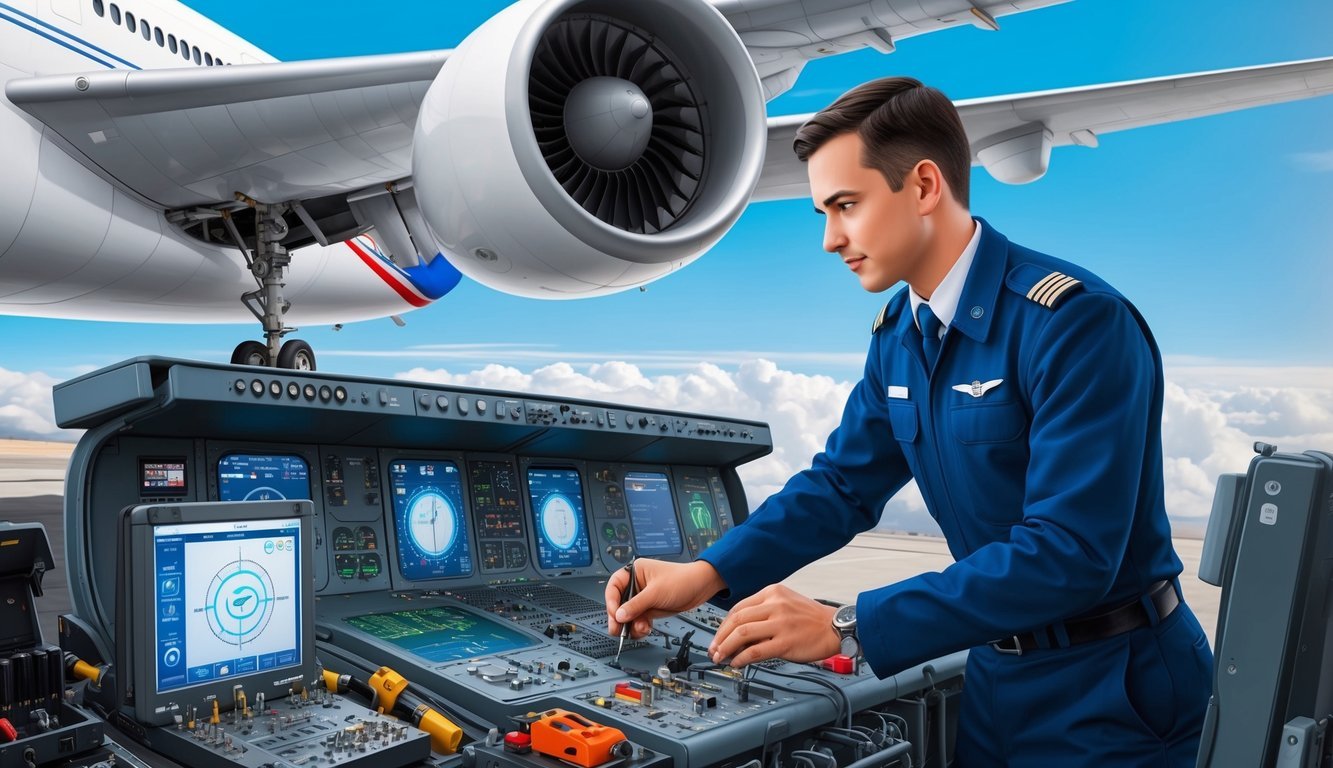 A flight engineer in uniform conducting pre-flight checks on a large commercial airplane, surrounded by various technical equipment and tools