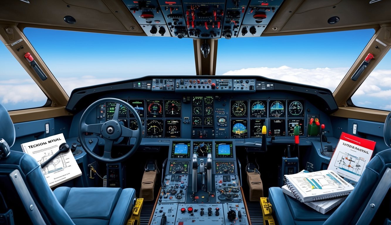 An aircraft cockpit with various control panels and instruments, surrounded by technical manuals and tools