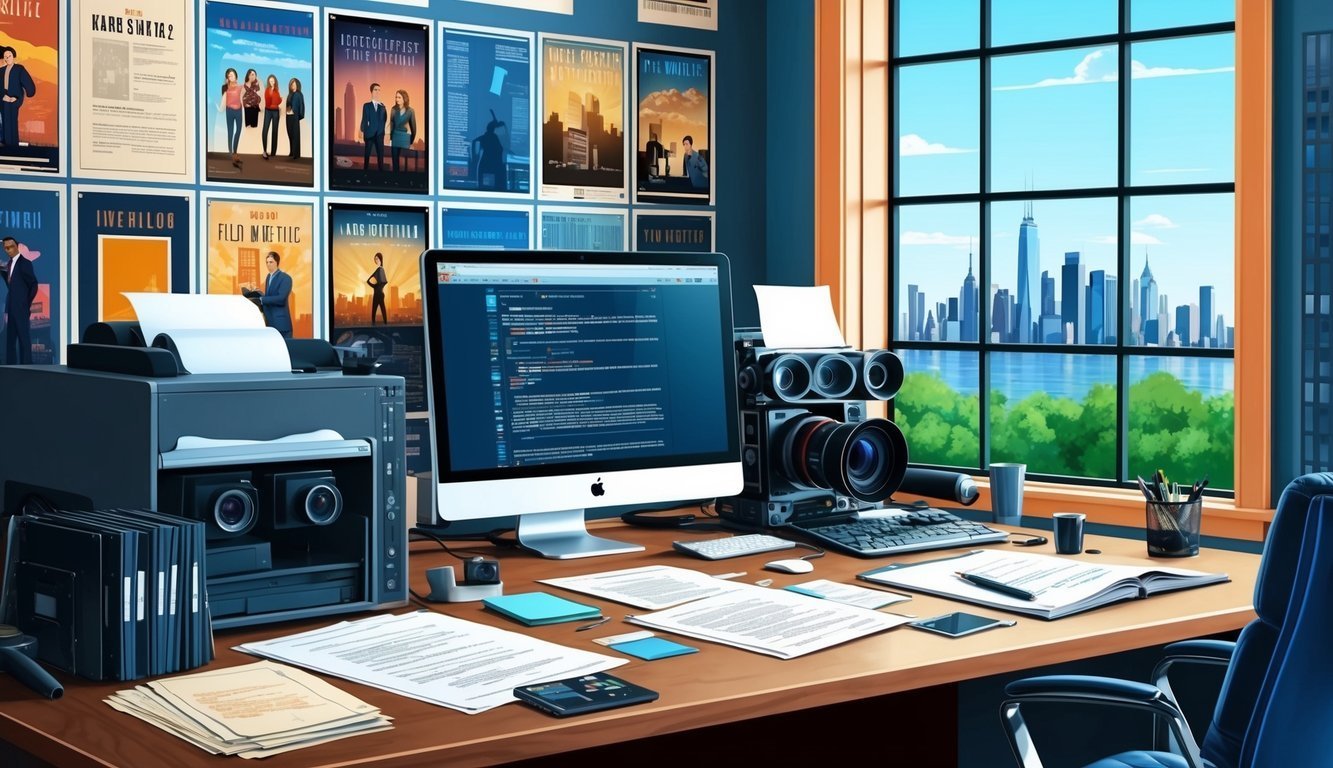 Desk with computer, camera, printer, and city skyline view through window
