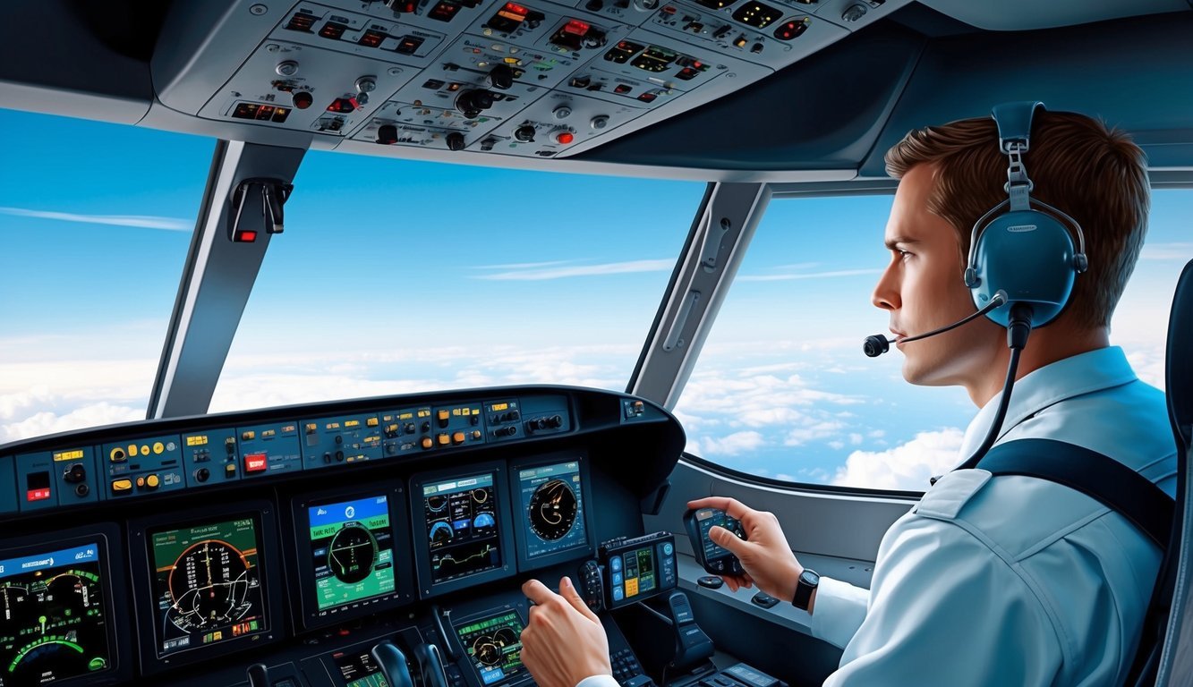 A flight engineer monitoring and adjusting aircraft systems in a cockpit during a flight