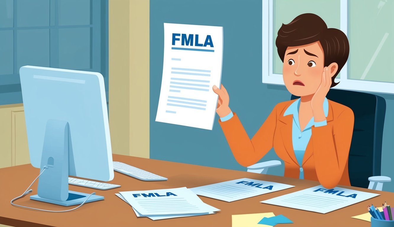 A person receiving a denial letter for FMLA with a concerned look on their face, sitting at a desk with a computer and paperwork scattered around