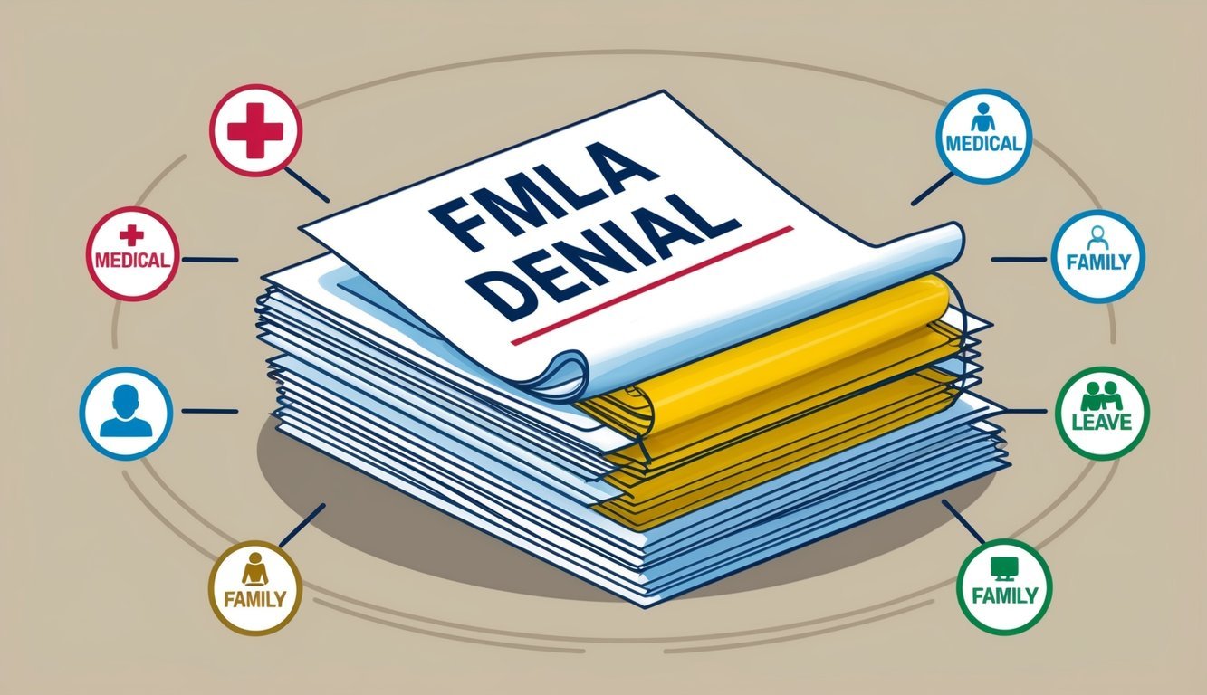 A stack of papers marked "FMLA denial" surrounded by various symbols representing different types of leave (e.g., medical, family)