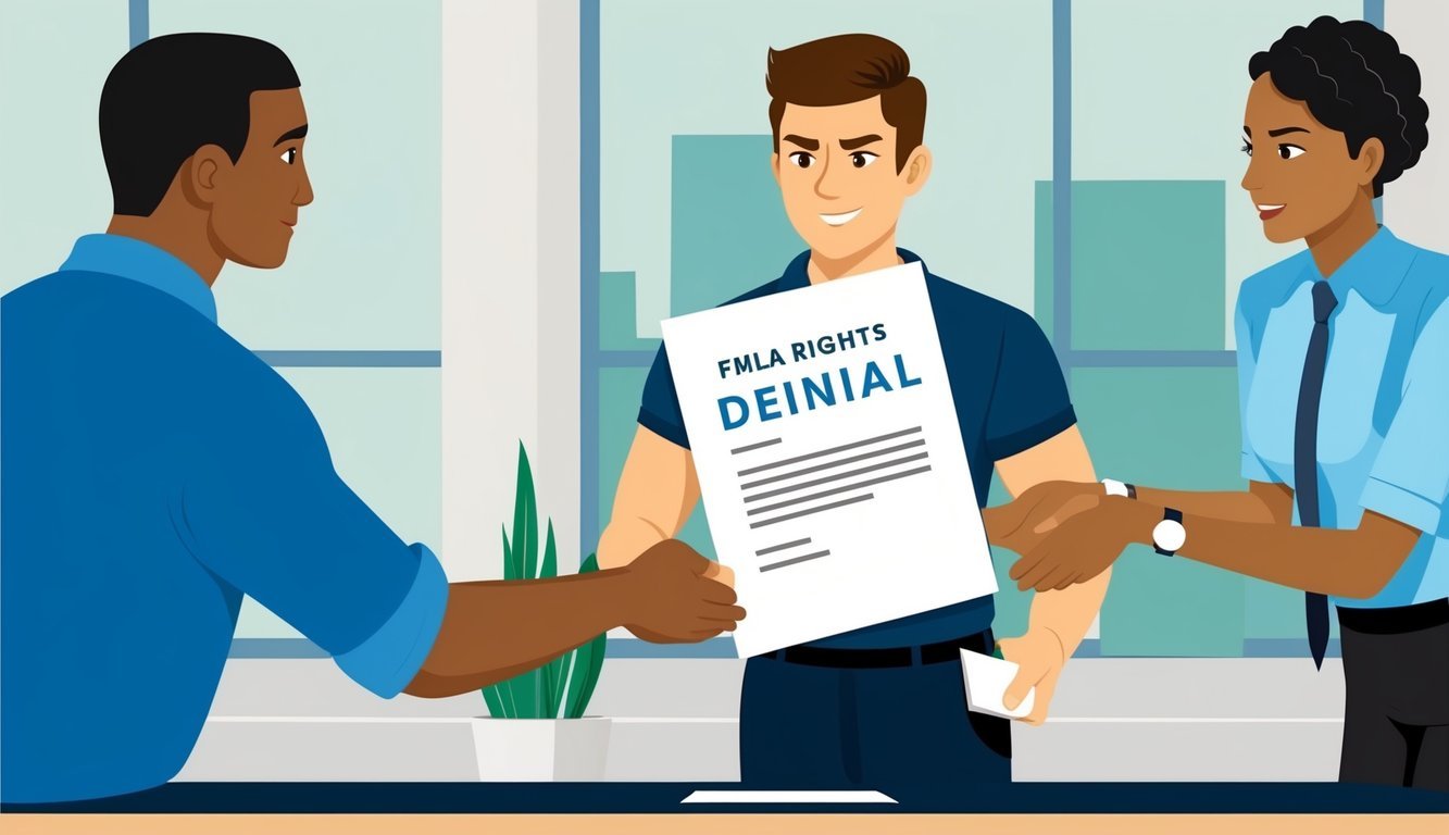 A person receiving a denial letter for FMLA rights upon return to work.</p><p>The letter is being handed to them by a stern-looking human resources representative