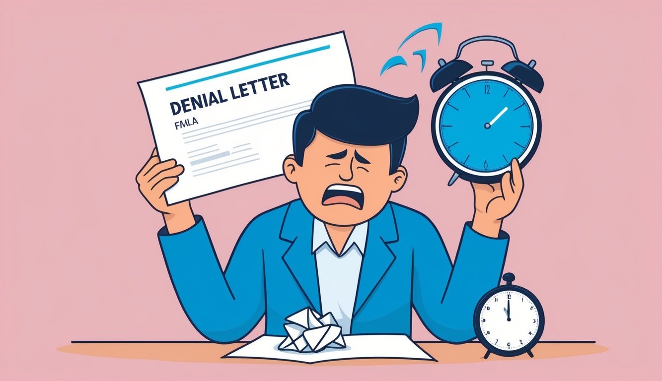 A person receiving a denial letter for FMLA with a frustrated expression, crumpled paper, and a clock showing the passing of time