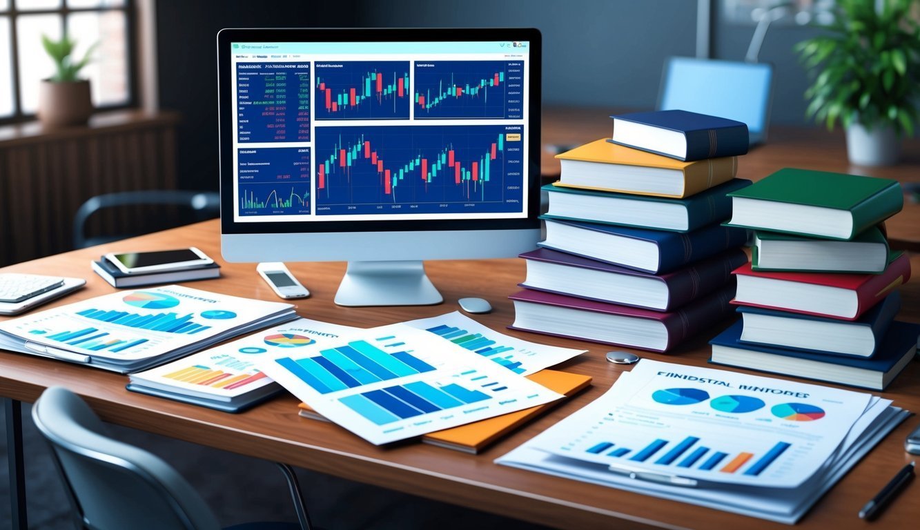 Computer monitor displaying stock charts, surrounded by documents and books on a desk