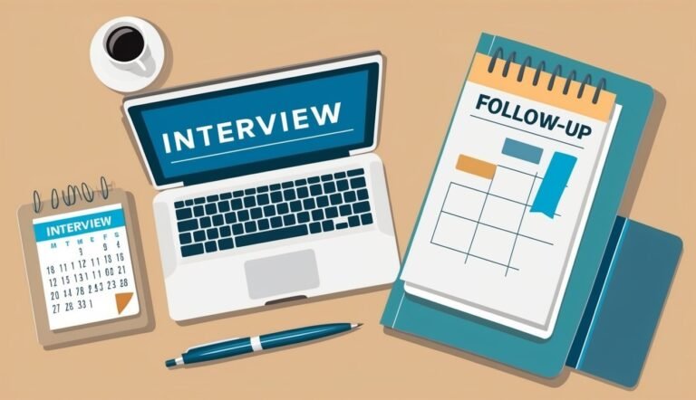 Laptop, calendar, and notepad with interview and follow-up planning