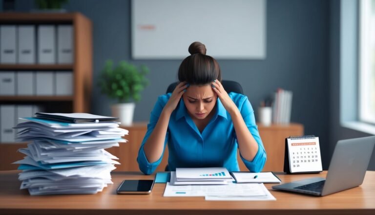 Stressed woman at desk with paperwork, laptop, and calendar