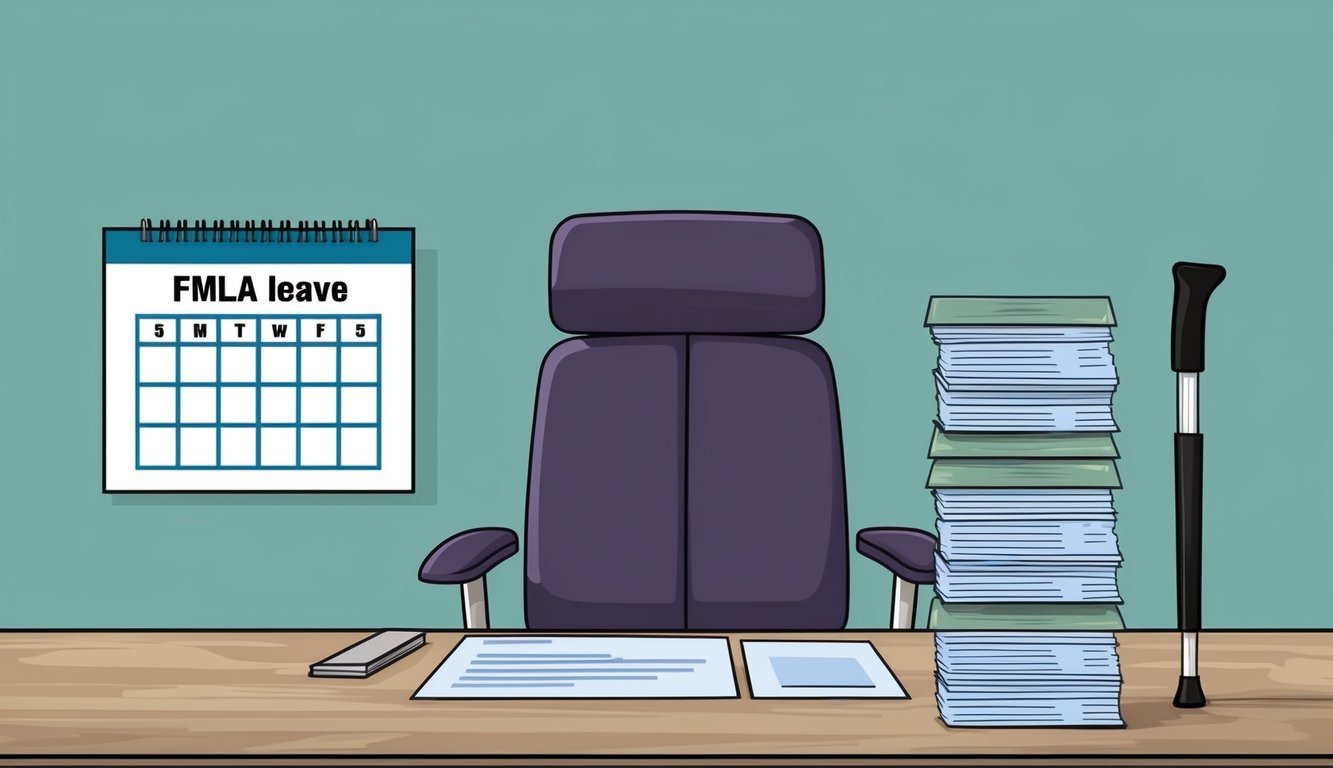 An empty desk with a calendar showing the end of FMLA leave, a crutch leaning against the chair, and a stack of workers' comp paperwork