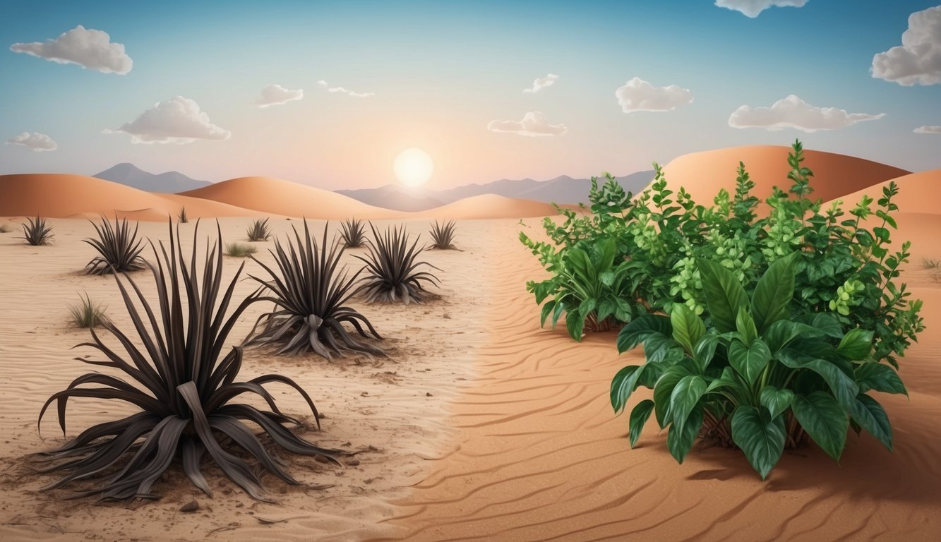 A barren desert with wilted plants on one side and thriving, lush vegetation on the other, representing fixed and growth mindsets