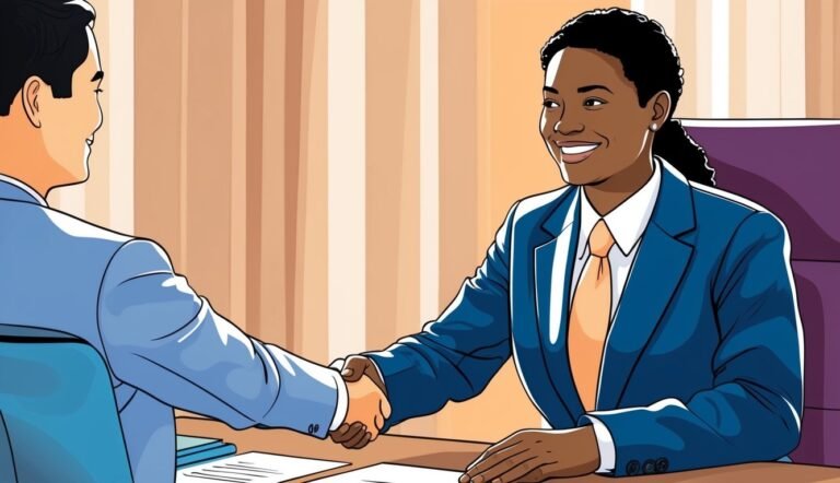 Two people shaking hands across a desk, business meeting