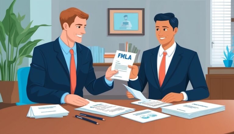 Two men in suits reviewing FMLA paperwork at a desk