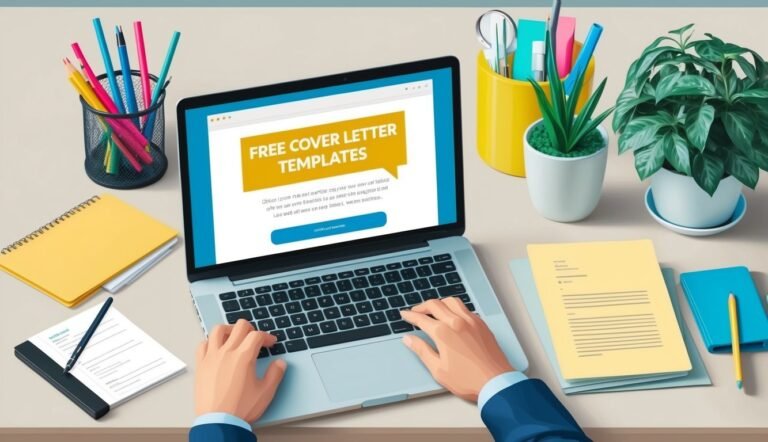 Laptop with cover letter templates, desk with stationery and plants