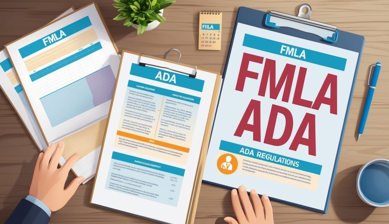 A desk with legal documents, a calendar, and a poster outlining FMLA and ADA regulations