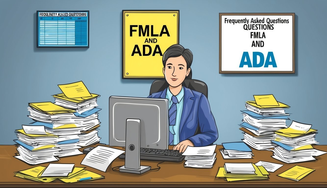 A person sitting at a desk with a computer, surrounded by papers and files, with a sign labeled "Frequently Asked Questions FMLA and ADA" on the wall