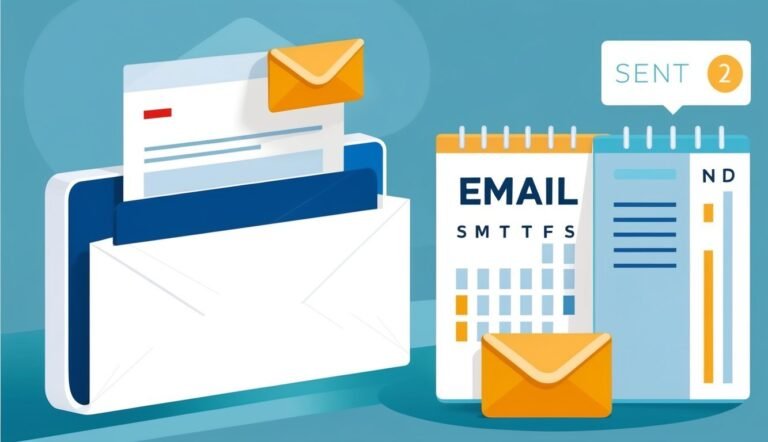 Email concept illustration with envelope, calendar, and "sent" notification