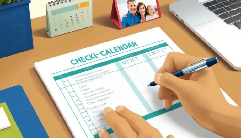 Person writing on a "Checkl-Calendar" checklist with a pen on a desk
