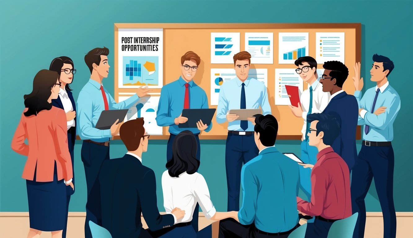 A group of young professionals gather around a bulletin board, eagerly scanning for post-internship opportunities